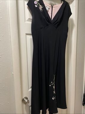 Ag Adriano Goldschmied Black Midi Dress with Pink Floral Embroidery